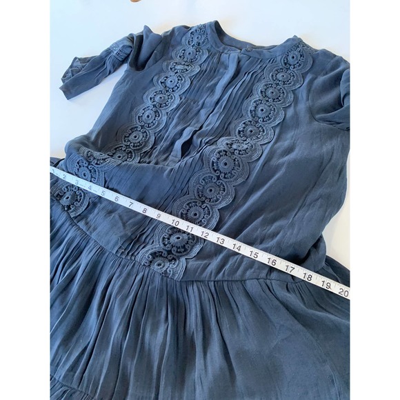 LOFT Dress Womens 6 Navy Blue Pleated Tiered Hidden Button Front 3/4 Sleeve - Picture 5 of 7